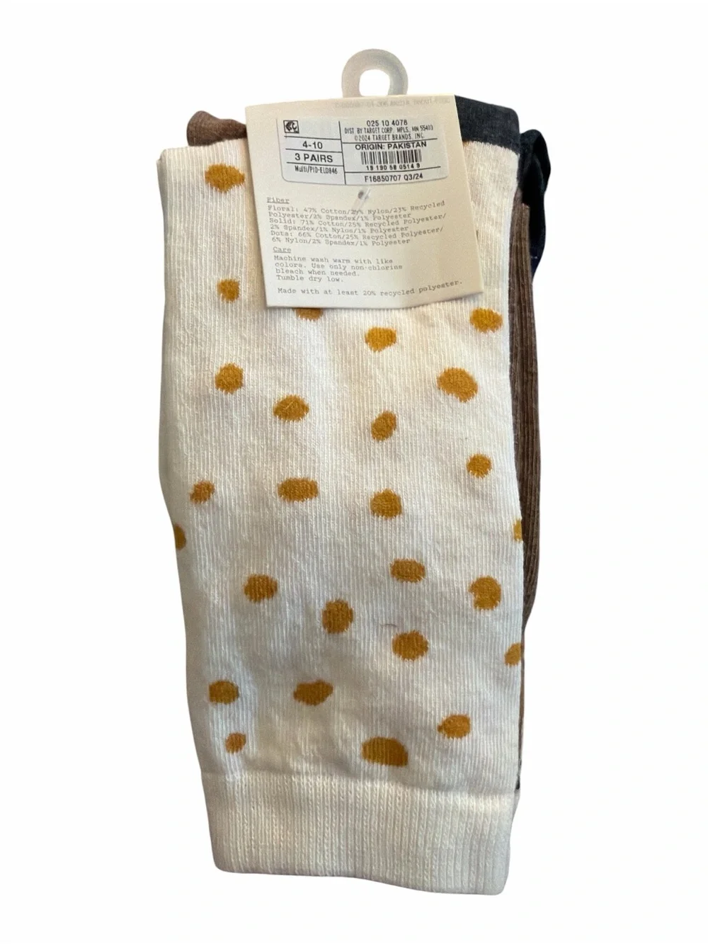 A New Day Women's 3 Pack Crew Socks Shoe Size 4-10 Floral Yellow Dot & Brown New
